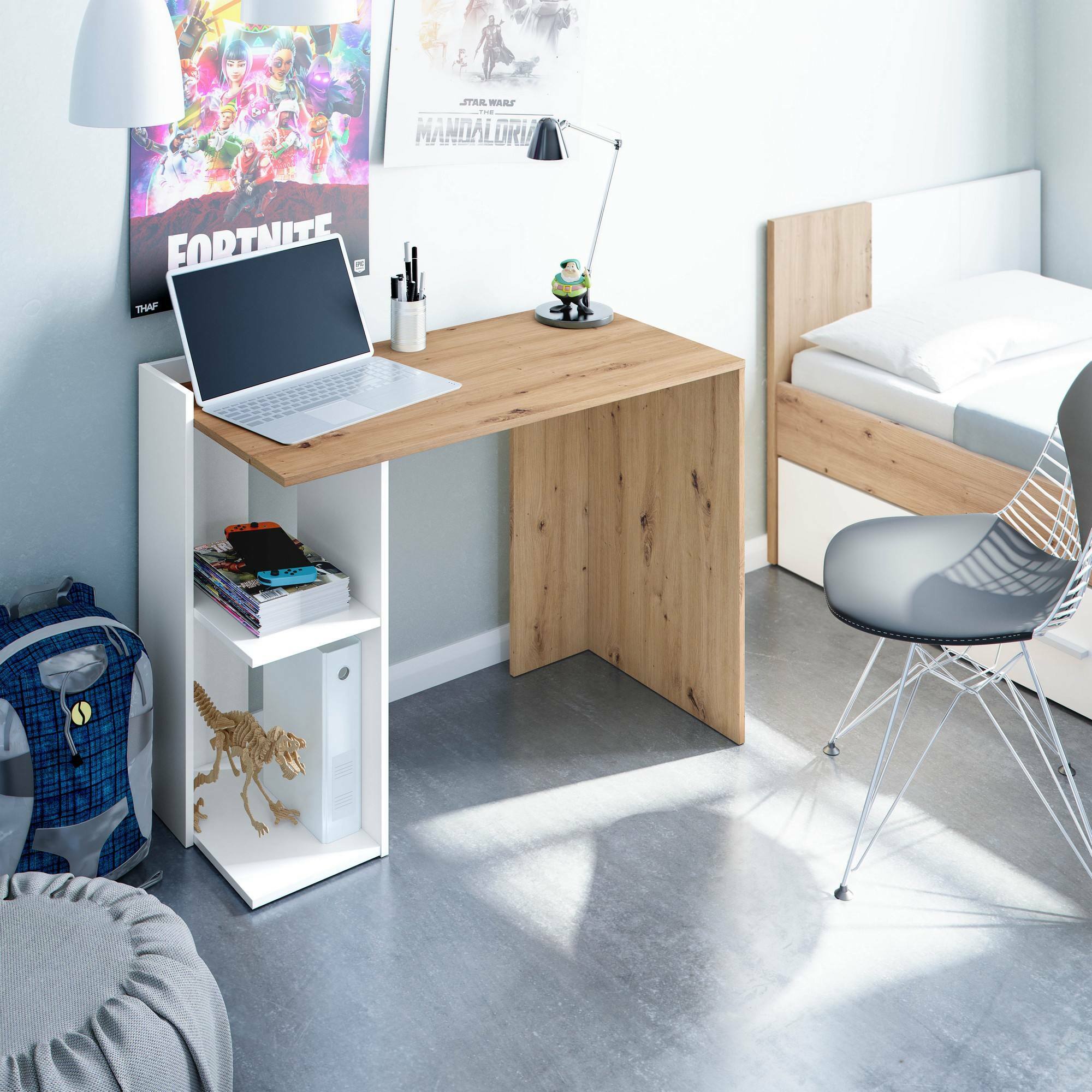 Scrivania Tucson, Scrittoio reversibile multiposizione, Tavolo da studio o ufficio porta PC con scaffale e ripiani, cm 99x50h77, Bianco e Rovere nodi