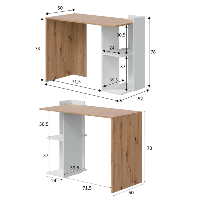 Scrivania Tucson, Scrittoio reversibile multiposizione, Tavolo da studio o ufficio porta PC con scaffale e ripiani, cm 99x50h77, Bianco e Rovere nodi