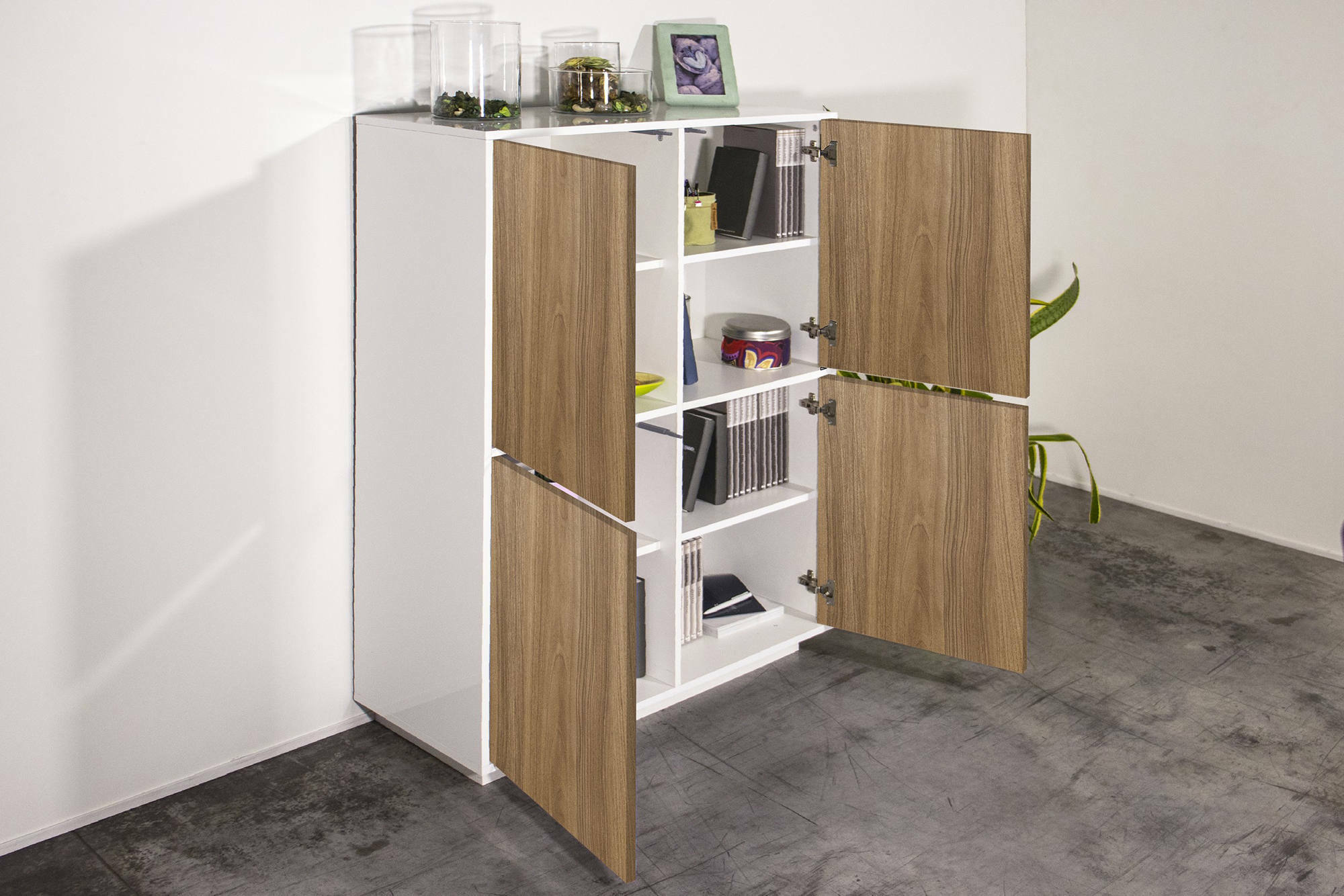 Credenza Dpaci, Madia da cucina a 4 ante, Buffet da soggiorno, 100% Made in Italy, cm 100x41h126, Bianco lucido e Noce