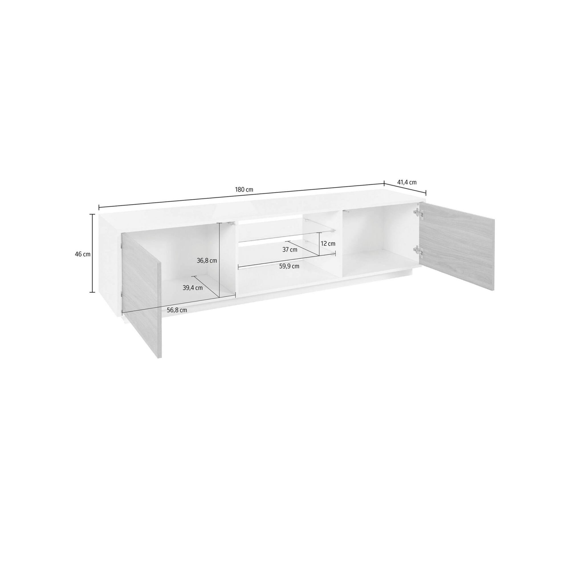 Mobile porta TV Dlongon, Credenza bassa da soggiorno a 2 ante, Base porta TV, 100% Made in Italy, cm 180x41h46, Bianco lucido