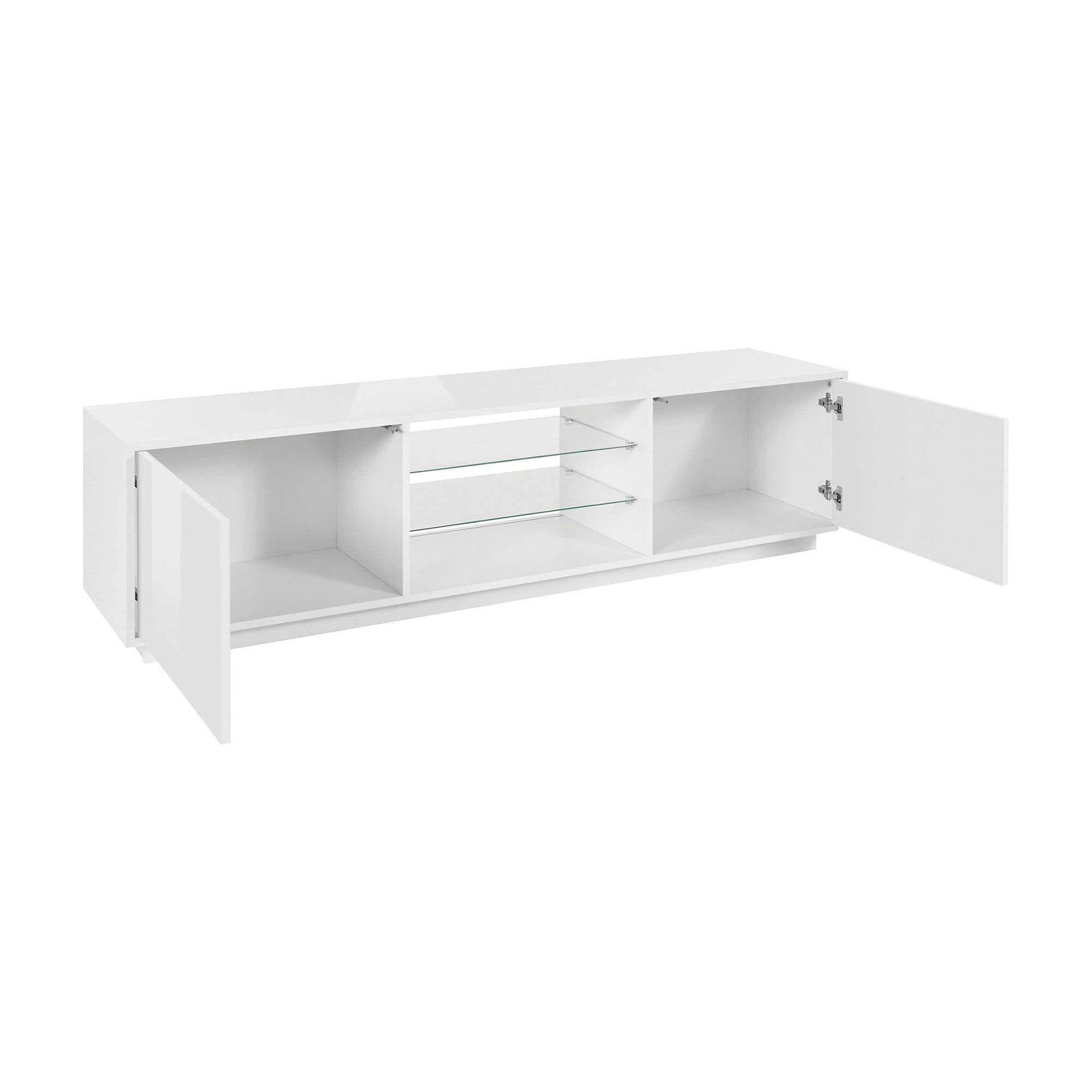 Mobile porta TV Dlongon, Credenza bassa da soggiorno a 2 ante, Base porta TV, 100% Made in Italy, cm 180x41h46, Bianco lucido