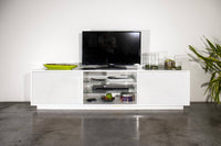 Mobile porta TV Dlongon, Credenza bassa da soggiorno a 2 ante, Base porta TV, 100% Made in Italy, cm 180x41h46, Bianco lucido