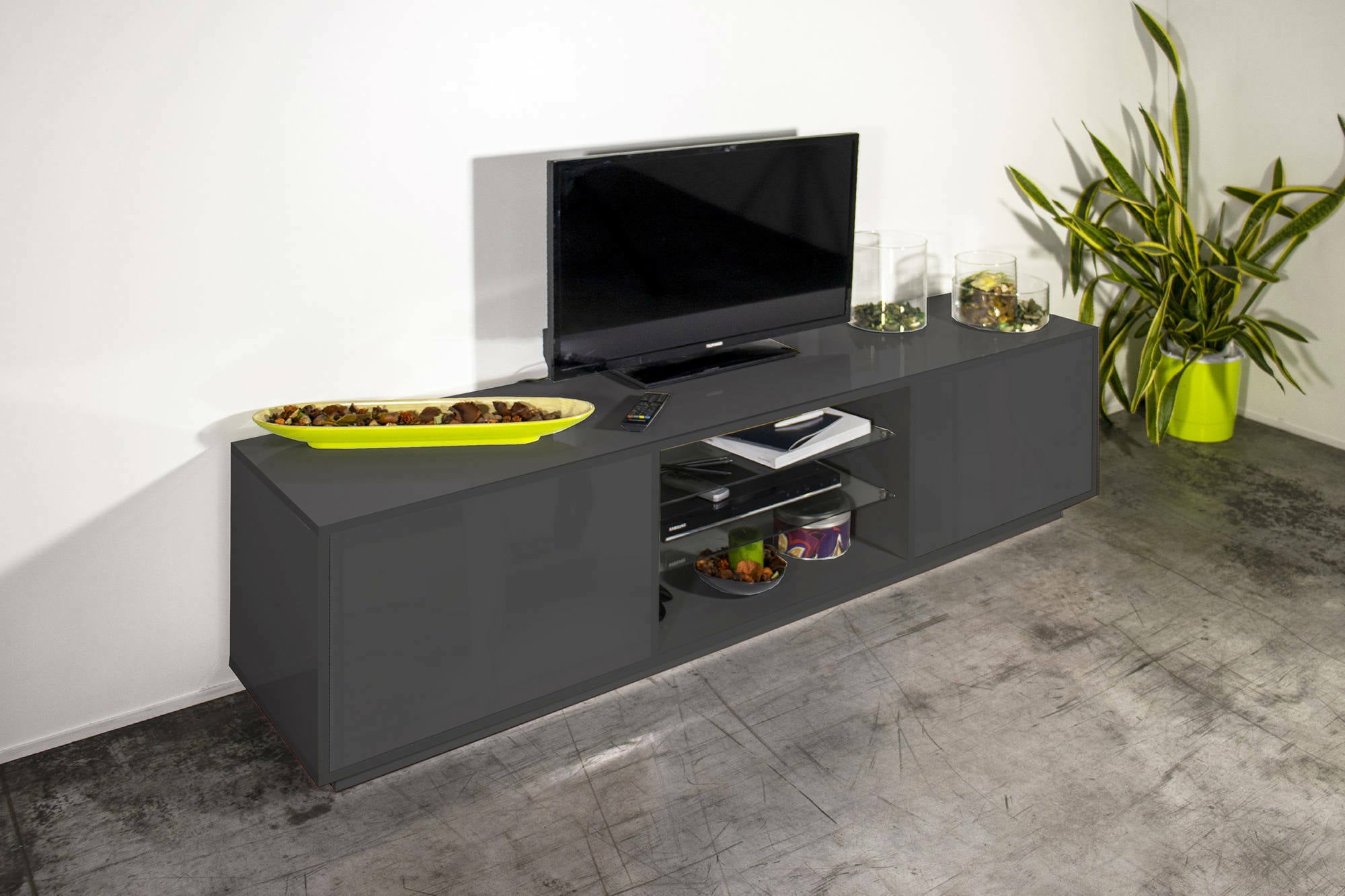 Mobile porta TV Dlongon, Credenza bassa da soggiorno a 2 ante, Base porta TV, 100% Made in Italy, cm 180x41h46, Antracite lucido