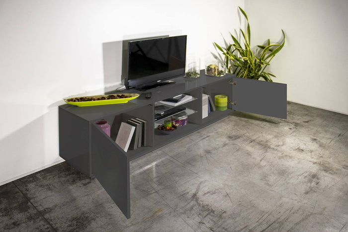 Mobile porta TV Dlongon, Credenza bassa da soggiorno a 2 ante, Base porta TV, 100% Made in Italy, cm 180x41h46, Antracite lucido