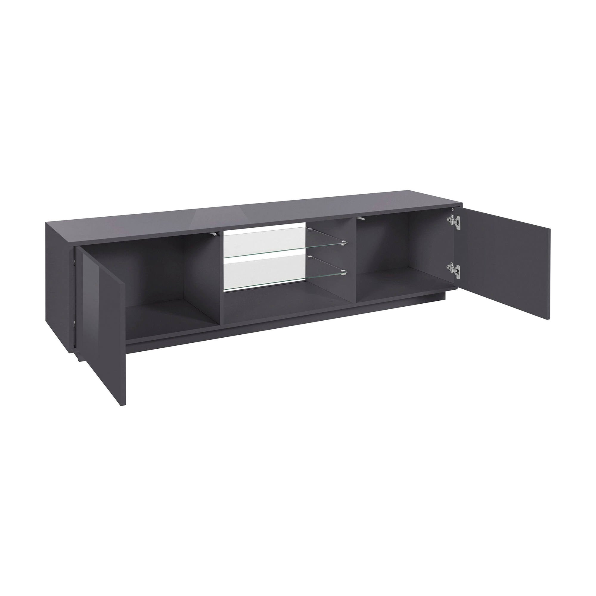 Mobile porta TV Dlongon, Credenza bassa da soggiorno a 2 ante, Base porta TV, 100% Made in Italy, cm 180x41h46, Antracite lucido