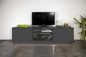 Mobile porta TV Dlongon, Credenza bassa da soggiorno a 2 ante, Base porta TV, 100% Made in Italy, cm 180x41h46, Antracite lucido