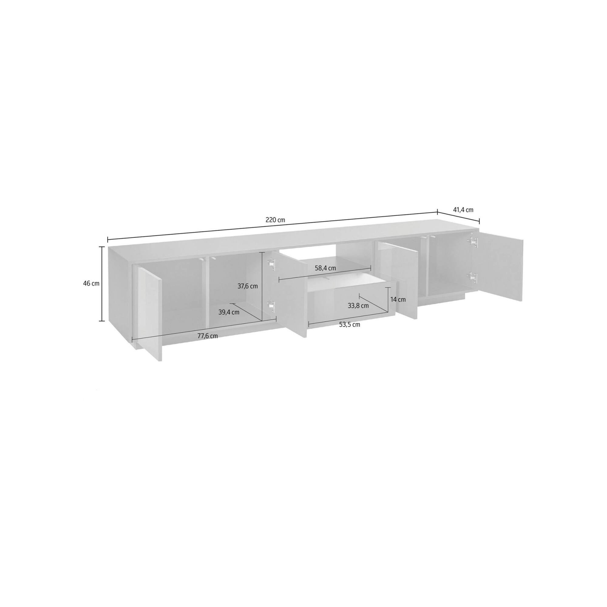 Mobile porta TV Dlepor, Credenza bassa da soggiorno, Base porta TV, 100% Made in Italy, cm 220x41h46, Bianco lucido