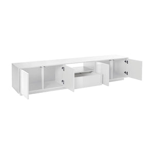 Mobile porta TV Dlepor, Credenza bassa da soggiorno, Base porta TV, 100% Made in Italy, cm 220x41h46, Bianco lucido