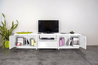 Mobile porta TV Dlepor, Credenza bassa da soggiorno, Base porta TV, 100% Made in Italy, cm 220x41h46, Bianco lucido