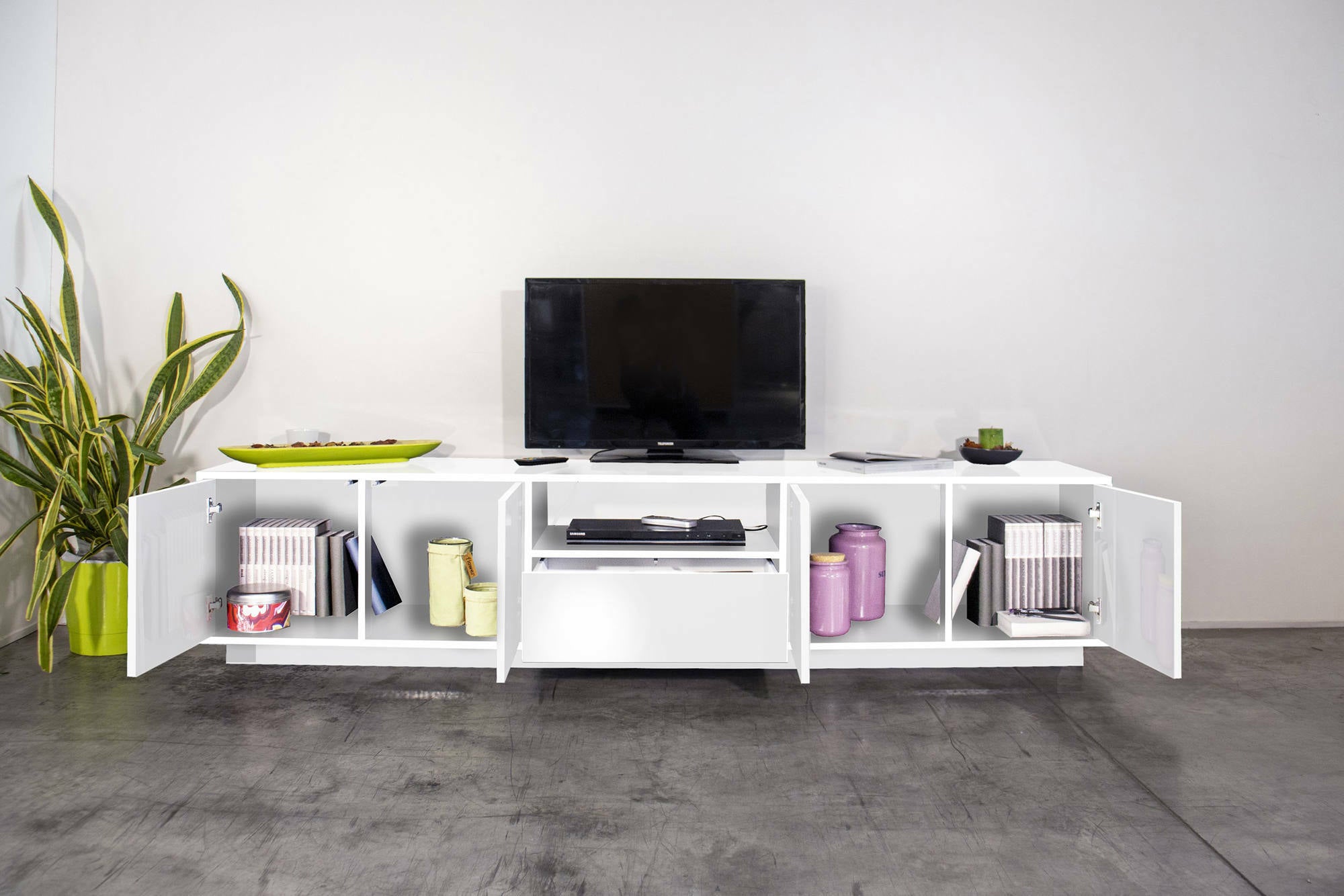 Mobile porta TV Dlepor, Credenza bassa da soggiorno, Base porta TV, 100% Made in Italy, cm 220x41h46, Bianco lucido