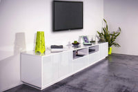 Mobile porta TV Dleott, Credenza bassa da soggiorno, Base porta TV, 100% Made in Italy, cm 260x41h46, Bianco lucido