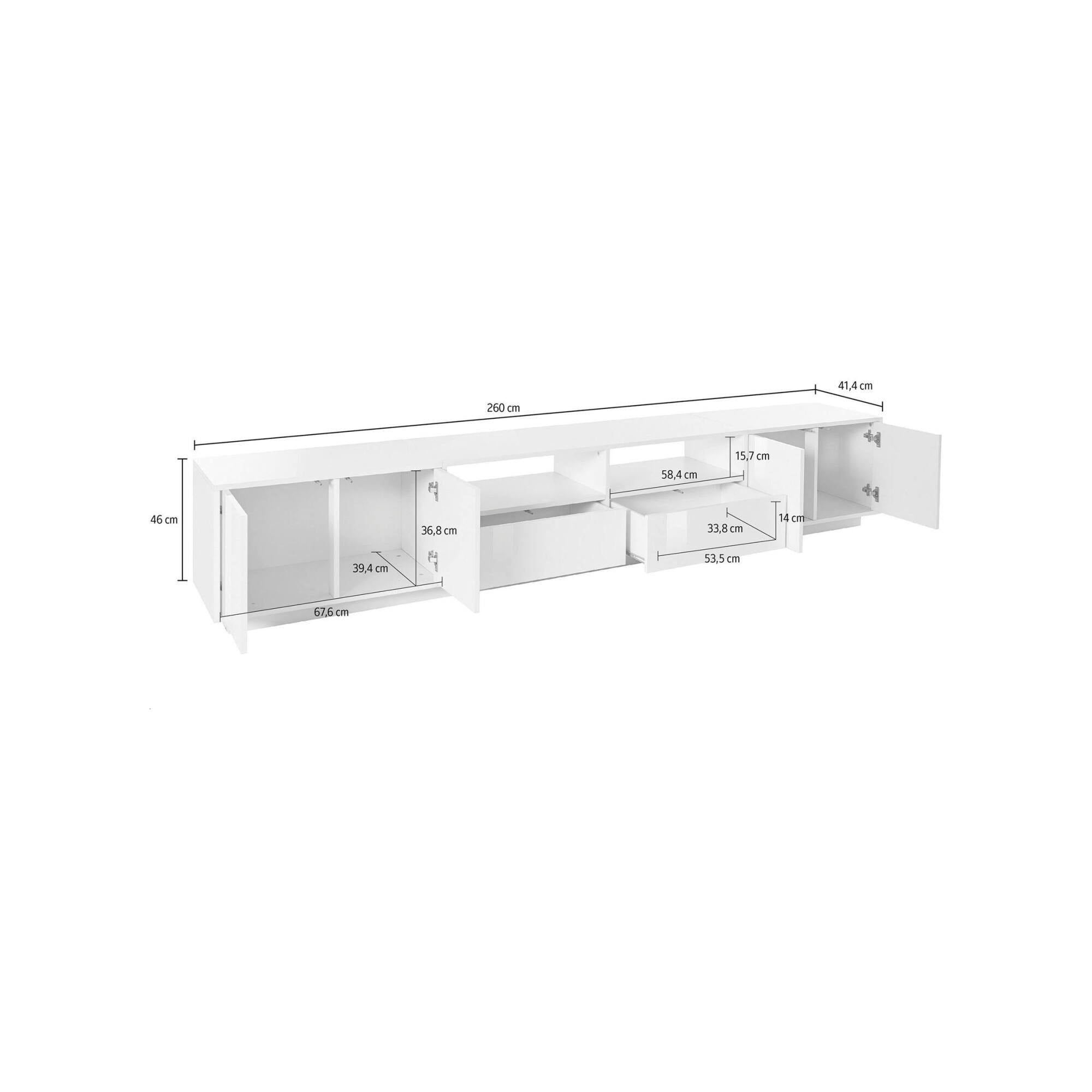 Mobile porta TV Dleott, Credenza bassa da soggiorno, Base porta TV, 100% Made in Italy, cm 260x41h46, Bianco lucido