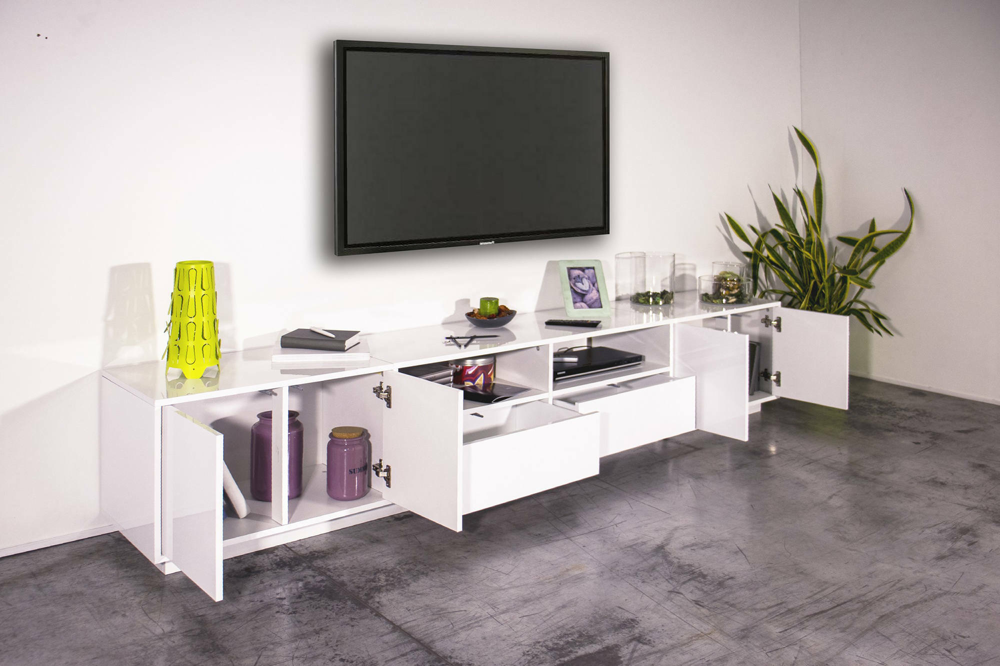 Mobile porta TV Dleott, Credenza bassa da soggiorno, Base porta TV, 100% Made in Italy, cm 260x41h46, Bianco lucido