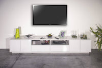 Mobile porta TV Dleott, Credenza bassa da soggiorno, Base porta TV, 100% Made in Italy, cm 260x41h46, Bianco lucido