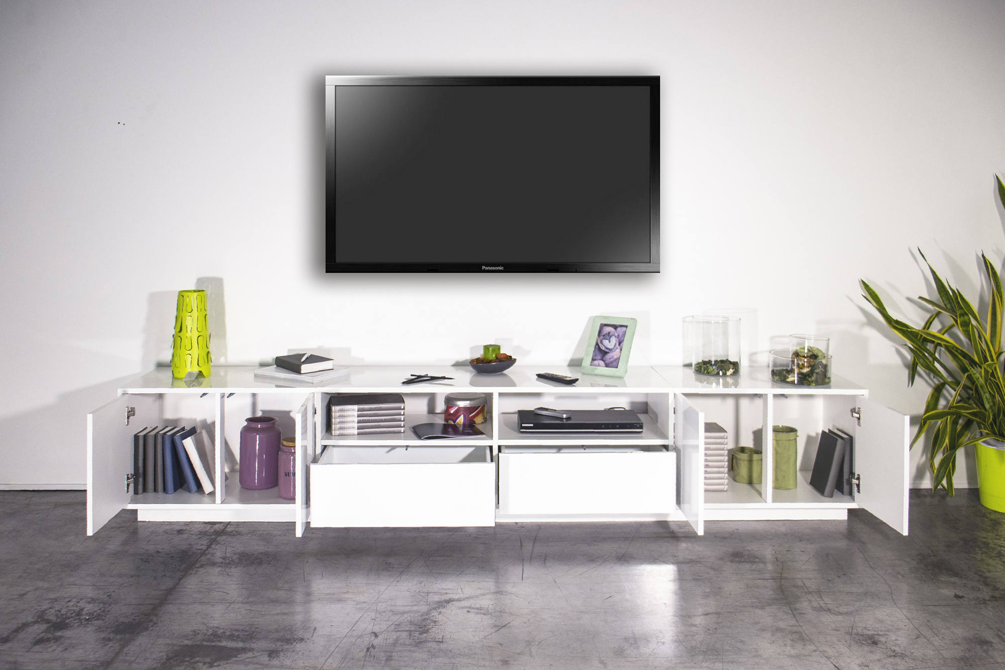 Mobile porta TV Dleott, Credenza bassa da soggiorno, Base porta TV, 100% Made in Italy, cm 260x41h46, Bianco lucido