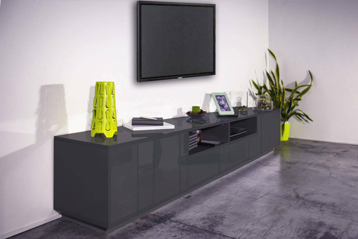 Mobile porta TV Dleott, Credenza bassa da soggiorno, Base porta TV, 100% Made in Italy, cm 260x41h46, Antracite lucido