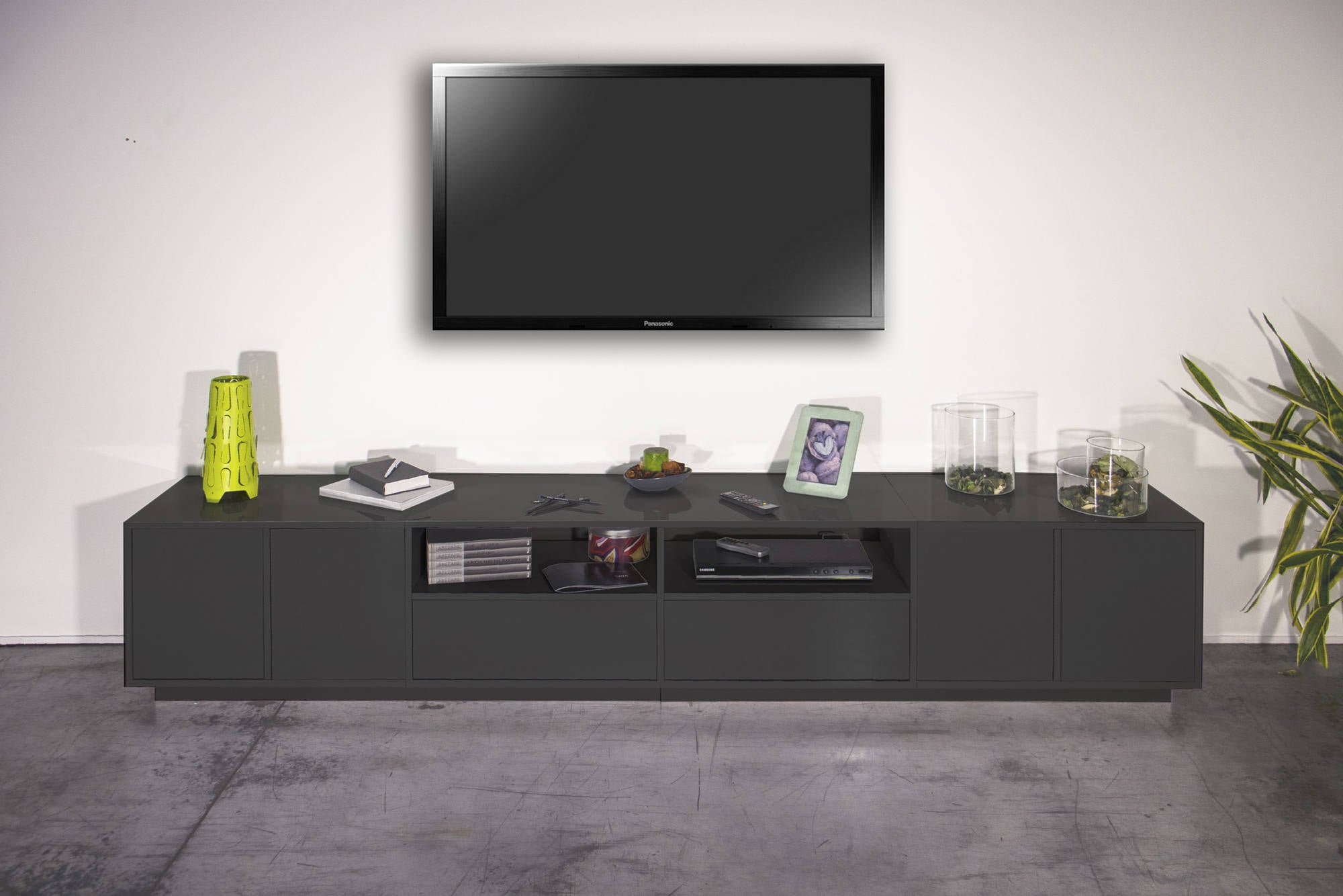 Mobile porta TV Dleott, Credenza bassa da soggiorno, Base porta TV, 100% Made in Italy, cm 260x41h46, Antracite lucido