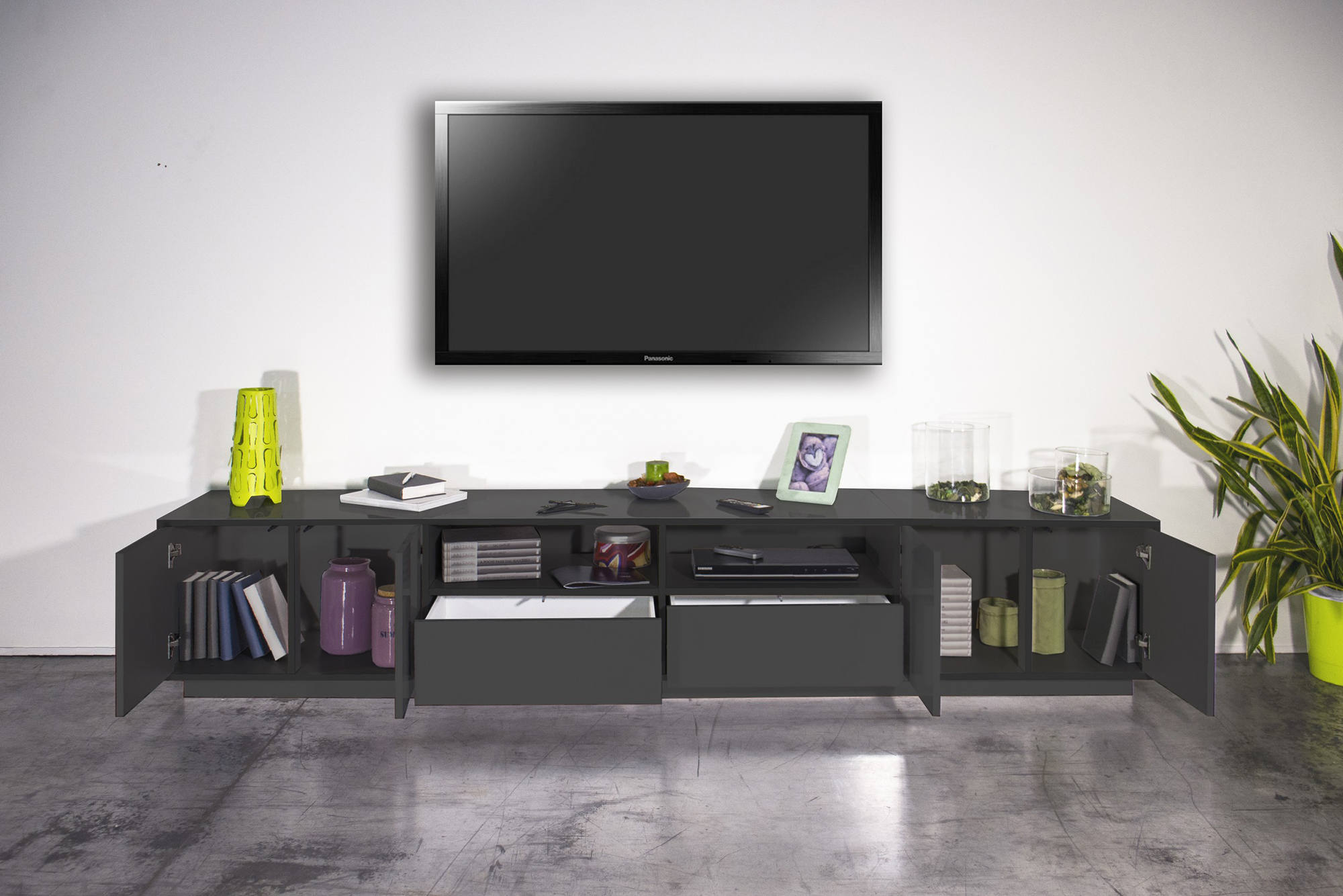 Mobile porta TV Dleott, Credenza bassa da soggiorno, Base porta TV, 100% Made in Italy, cm 260x41h46, Antracite lucido