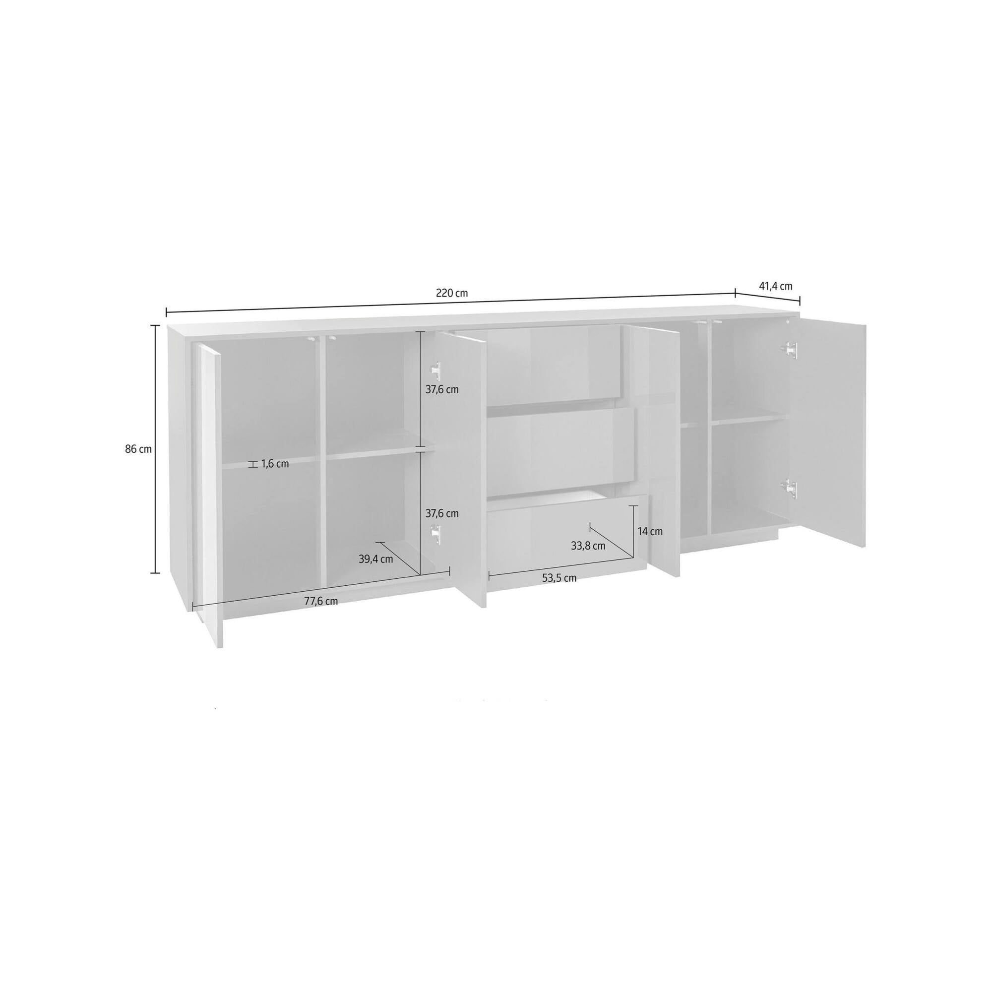 Credenza Dnast, Madia da cucina a 4 ante e 3 cassetti, Buffet da soggiorno, 100% Made in Italy, cm 220x41h86, Antracite lucido