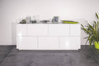 Credenza Dnapp, Madia da cucina a 7 ante, Buffet da soggiorno, 100% Made in Italy, cm 200x41h86, Bianco lucido