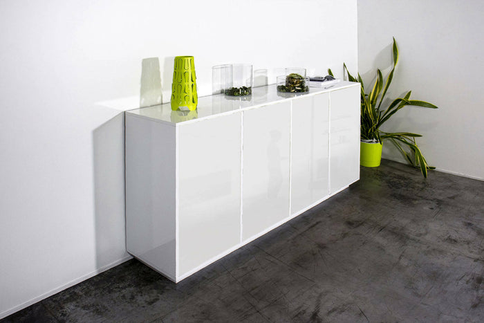 Credenza Dnande, Madia da cucina a 4 ante, Buffet da soggiorno, 100% Made in Italy, cm 180x41h86, Bianco lucido