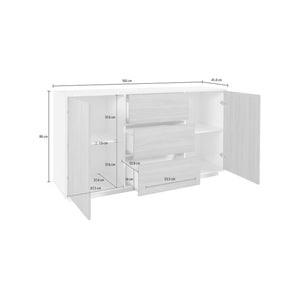 Credenza Dmorac, Madia da cucina a 2 ante e 3 cassetti, Buffet da soggiorno, 100% Made in Italy, cm 160x41h86, Bianco lucido e Noce