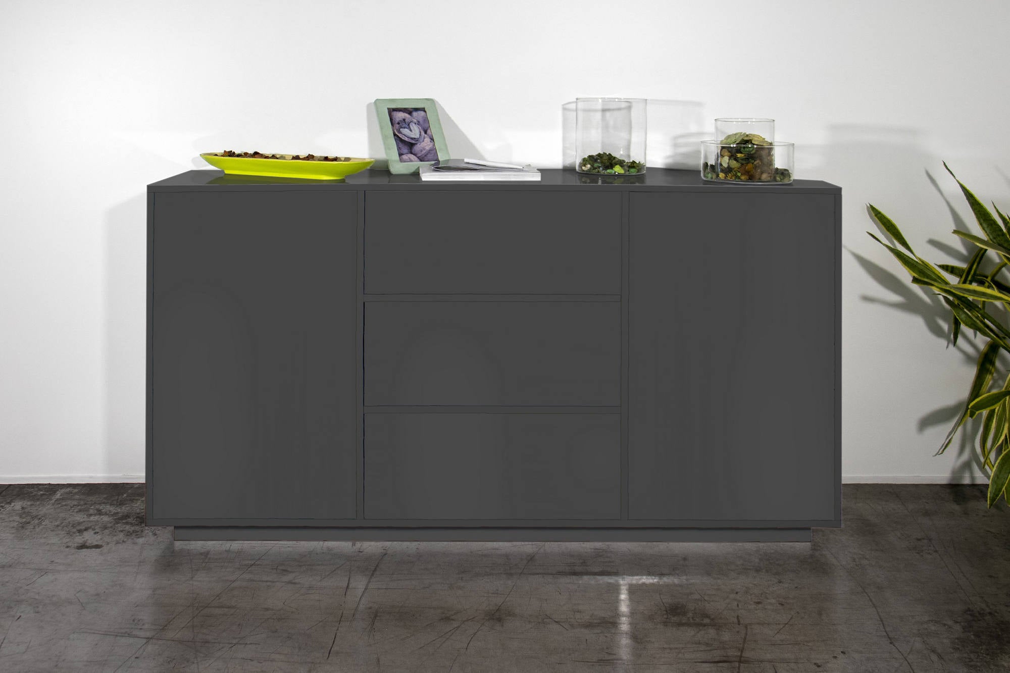 Credenza Dmorac, Madia da cucina a 2 ante e 3 cassetti, Buffet da soggiorno, 100% Made in Italy, cm 160x41h86, Antracite lucido