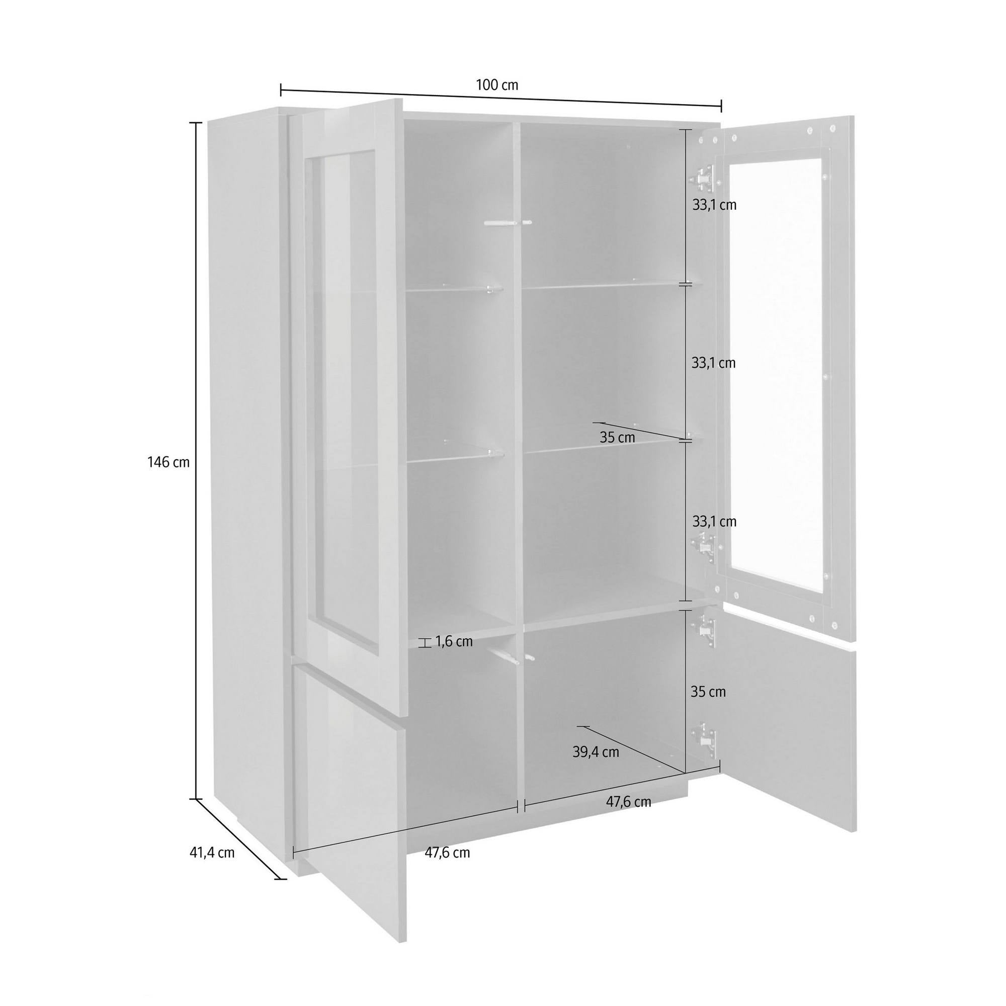 Vetrina Damato, Credenza a 4 ante con ripiani in vetro, Mobile da soggiorno multiuso, 100% Made in Italy, cm 100x41h146, Bianco lucido