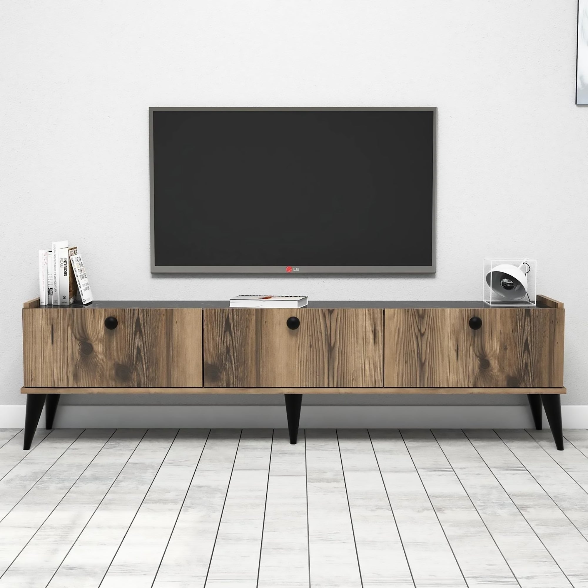 Mobile porta TV, Supporto per televisione da salotto, Credenza moderna da soggiorno, Cm 180x35h49, Quercia con effetto marmo