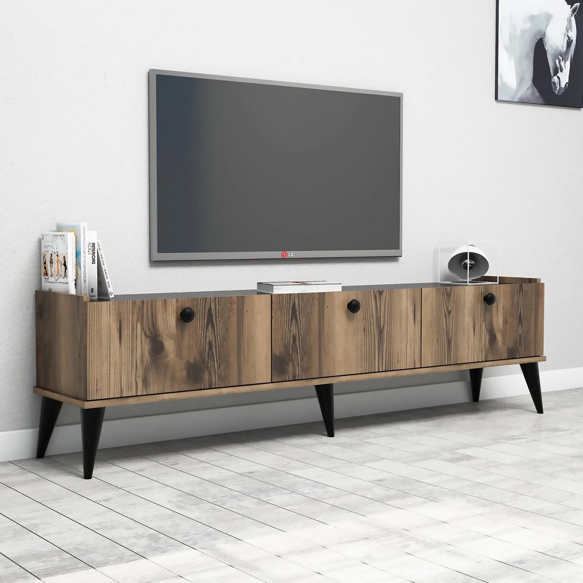 Mobile porta TV, Supporto per televisione da salotto, Credenza moderna da soggiorno, Cm 180x35h49, Quercia con effetto marmo