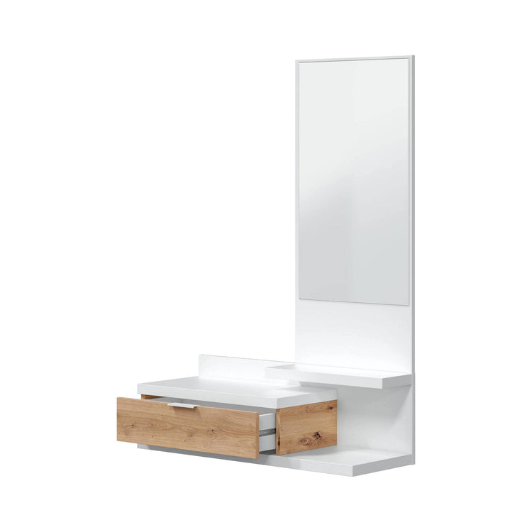 Mobile da ingresso Tijuana, Entratina con specchio, Mobile per atrio con cassetto, Svuotatasche per piccoli appartamenti, cm 81x29h116, Bianco e Rovere nodi