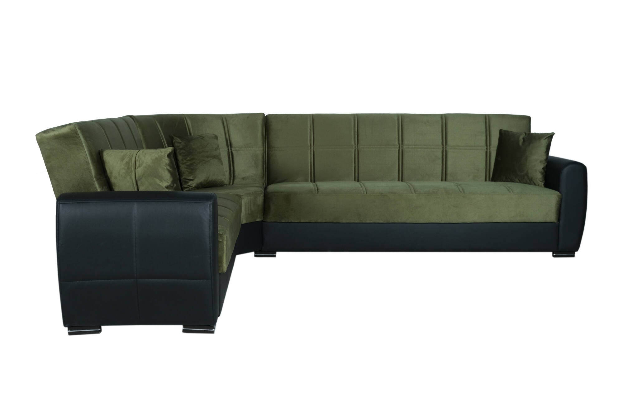 Divano letto Dgytkjæ, Divano letto contenitore ad angolo in ecopelle e tessuto, Sofà da soggiorno con apertura click-clack e penisola reversibile, 305x238h91 cm, Nero e Grigio Scuro