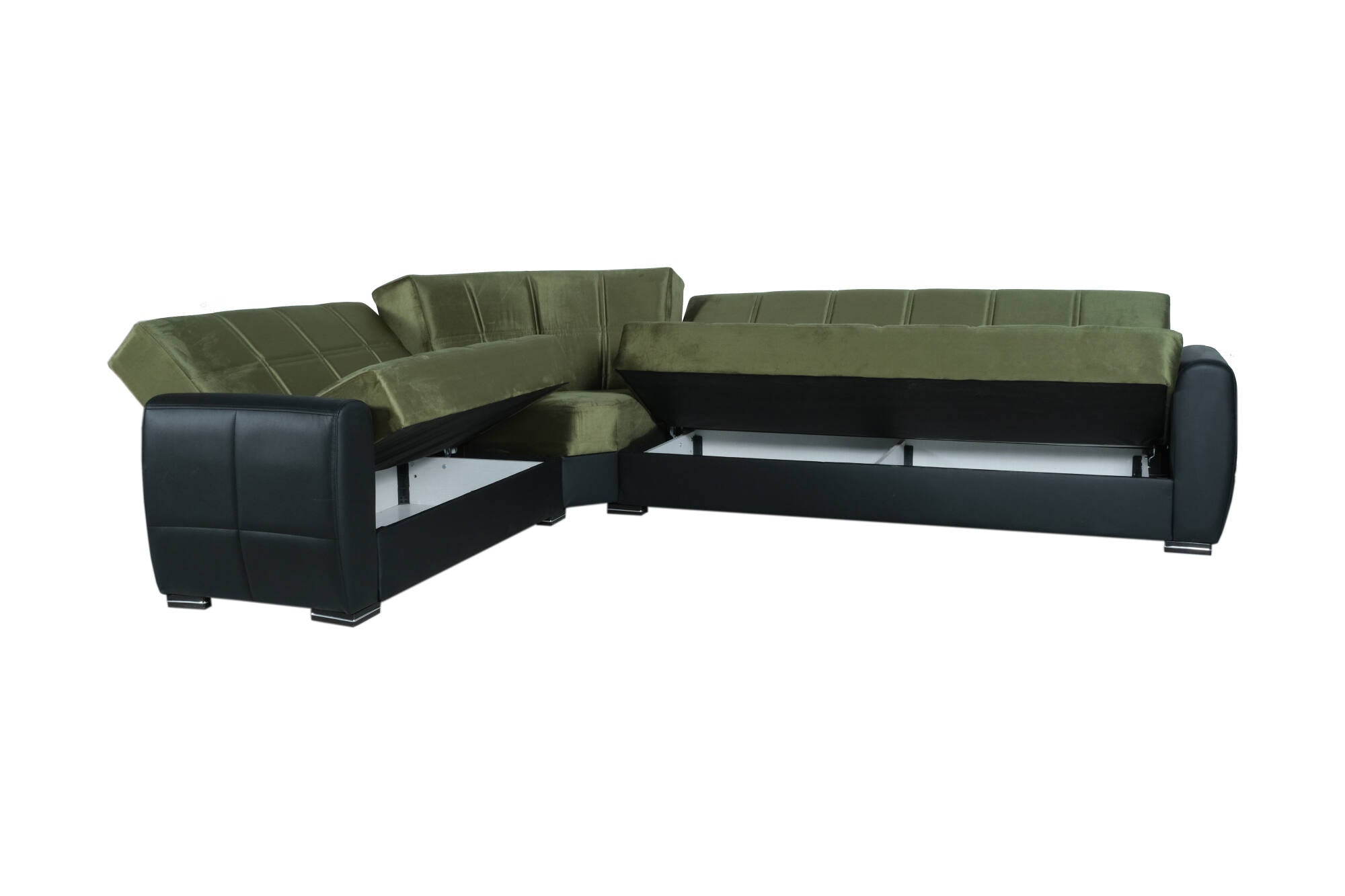 Divano letto Dgytkjæ, Divano letto contenitore ad angolo in ecopelle e tessuto, Sofà da soggiorno con apertura click-clack e penisola reversibile, 305x238h91 cm, Nero e Grigio Scuro