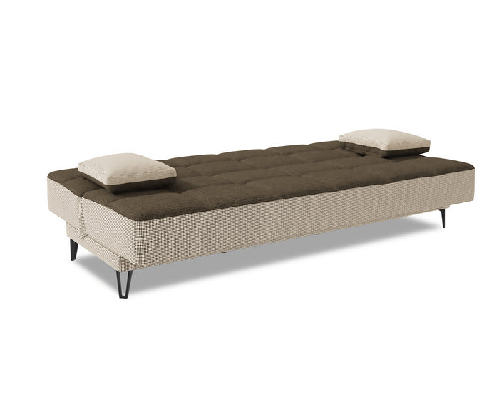 Divano letto Dfortin, Divano letto a 3 posti con piedini in metallo nero , Sofà da soggiorno in tessuto imbottito con apertura click-clack, 190x87h97 cm, Grigio E Marrone