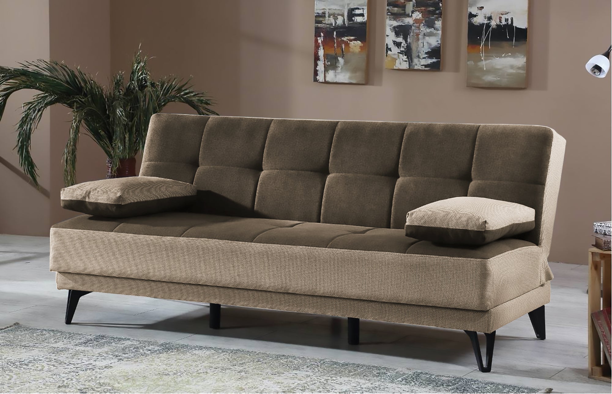 Divano letto Dfortin, Divano letto a 3 posti con piedini in metallo nero , Sofà da soggiorno in tessuto imbottito con apertura click-clack, 190x87h97 cm, Grigio E Marrone