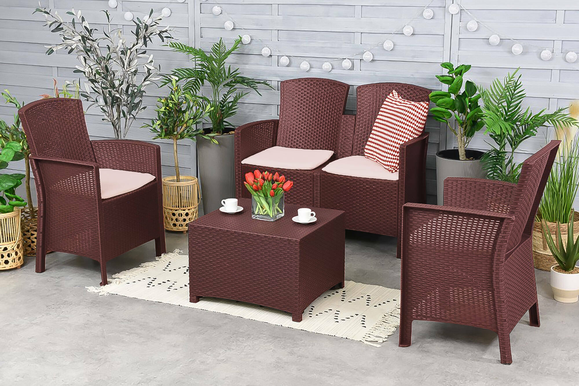 Salottino da esterno Urano, Set da giardino con cuscini, Salottino  effetto rattan, 100% Made in Italy colore Marrone