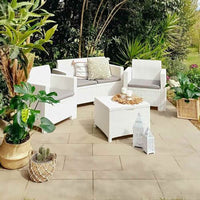 Salottino da esterno Venere, Set da giardino con cuscini, Salottino  effetto rattan, 100% Made in Italy colore Bianco