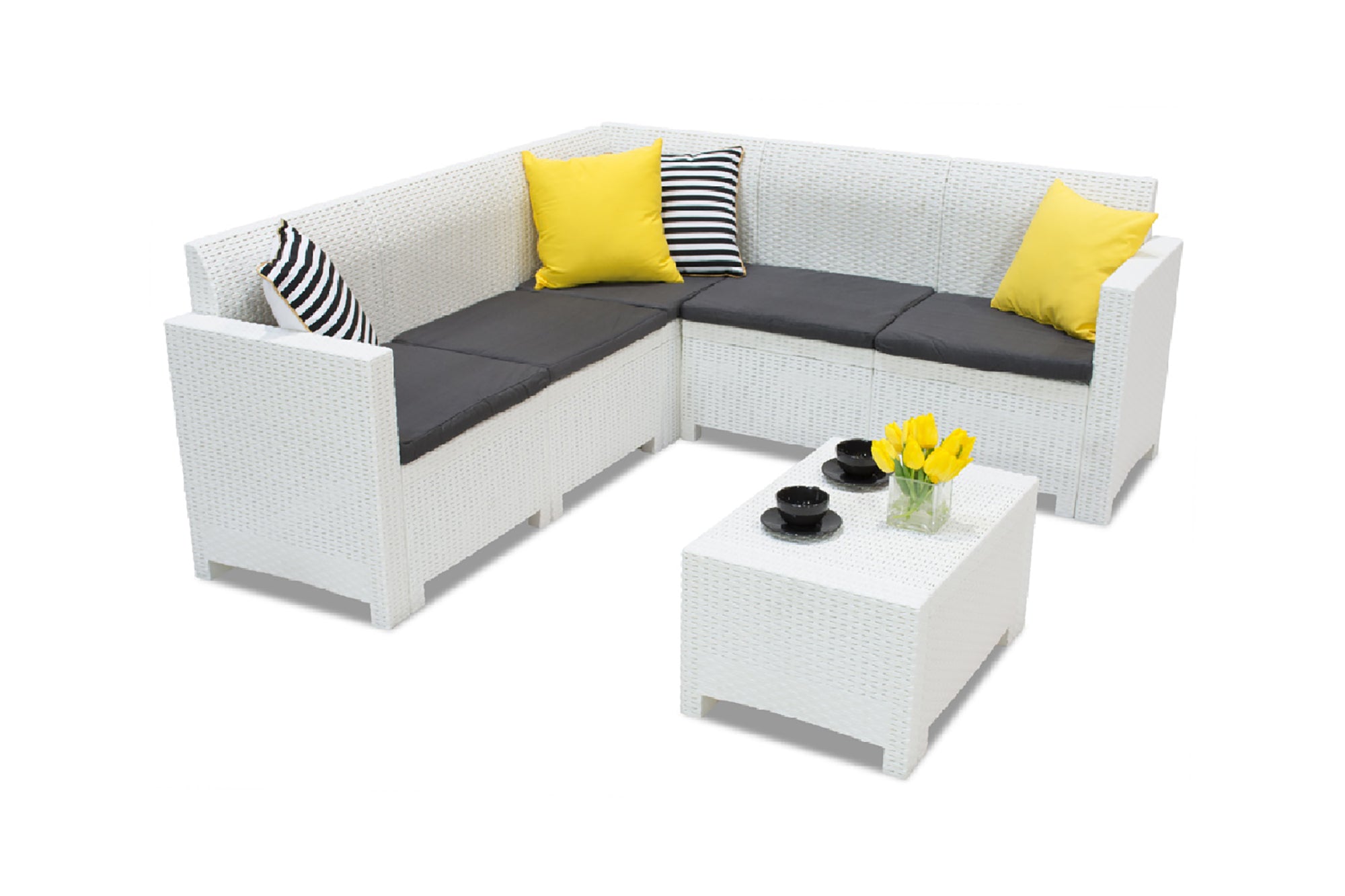 Salottino da esterno Eris, Set da giardino con cusciniindoor e outdoor effetto rattan, 100% Made in Italy, Bianco