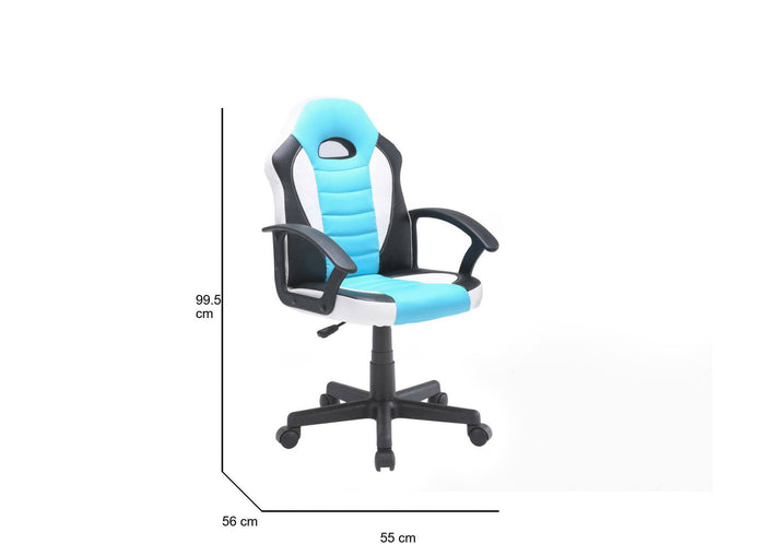 Sedia da gaming Dfaraon, Poltrona da gaming ragazzo, Sedia da scrivania, 56x55h89/100 cm, Azzurro e Bianco