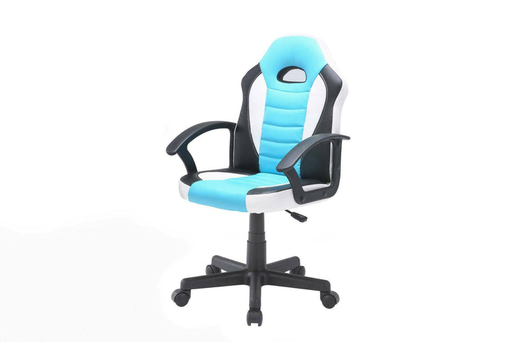 Sedia da gaming Dfaraon, Poltrona da gaming ragazzo, Sedia da scrivania, 56x55h89/100 cm, Azzurro e Bianco