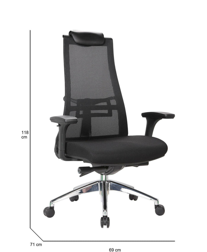 Sedia da ufficio Dmihail, Poltrona direzionale a rete con braccioli, Seduta ergonomica da ufficio, 71x69h110/118 cm, Nero