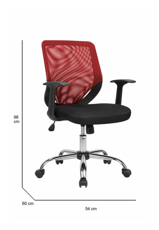 Sedia da ufficio Daaro, Poltrona direzionale a rete con braccioli, Seduta ergonomica da ufficio, 60x54h90/98 cm, Nero e Rosso