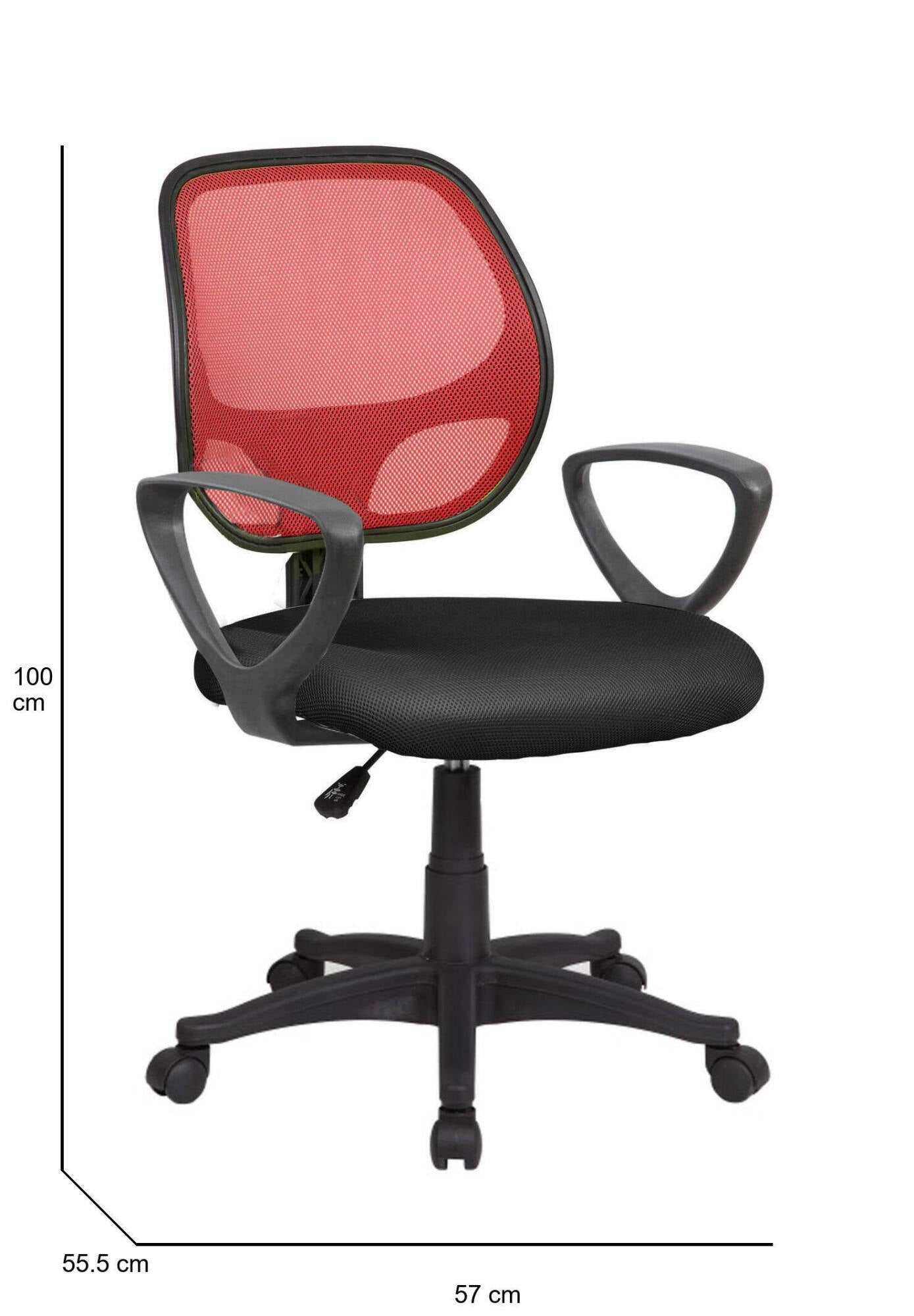 Sedia da ufficio Ddjidj, Poltrona operativa a rete con braccioli, Seduta ergonomica da ufficio, 56x57h88/100 cm, Nero e Rosso