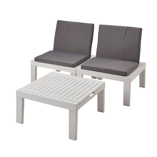 Salottino da esterno Cervia, Set da giardino con 2 sedute con schienale ed 1 modulo multifunzione, Salottino con cuscini, 100% Made in Italy, Bianco