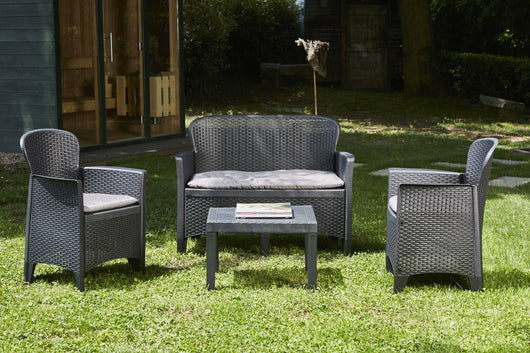 Salottino da esterno Ostuni, Set da giardino con 2 poltrone, 1 divano ed 1 tavolino, Salottino effetto rattan con cuscini, 100% Made in Italy, Antracite