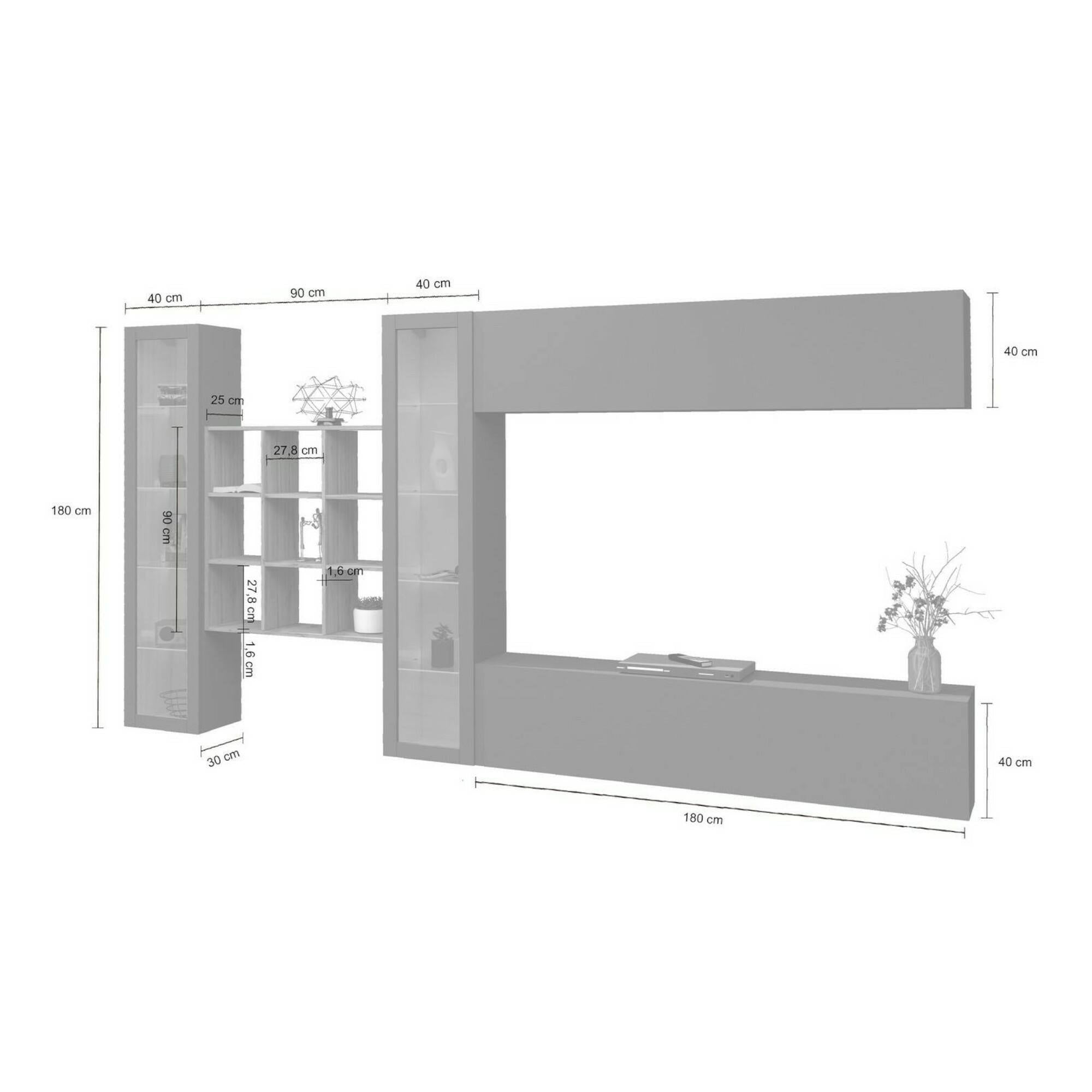 Parete attrezzata Dfancon, Set salotto porta TV a 4 ante, Mobile soggiorno multiuso con vetrina e luce LED, 100% Made in Italy, cm 350x30h180, Bianco lucido