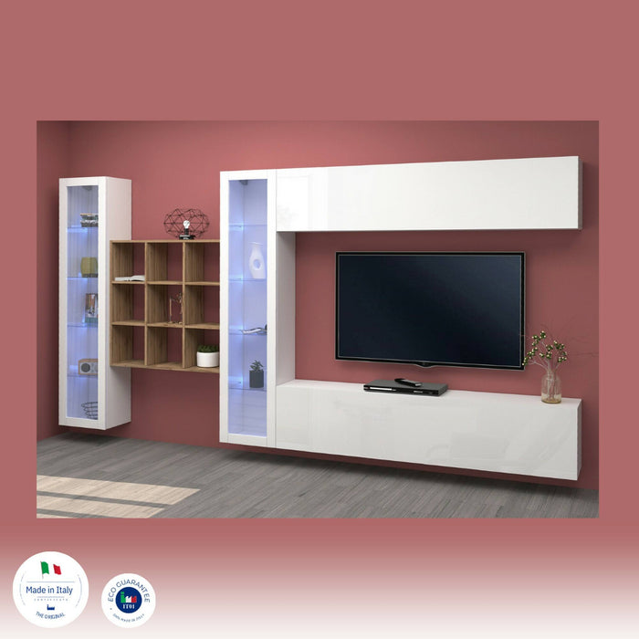 Parete attrezzata Dfancon, Set salotto porta TV a 4 ante, Mobile soggiorno multiuso con vetrina e luce LED, 100% Made in Italy, cm 350x30h180, Bianco lucido