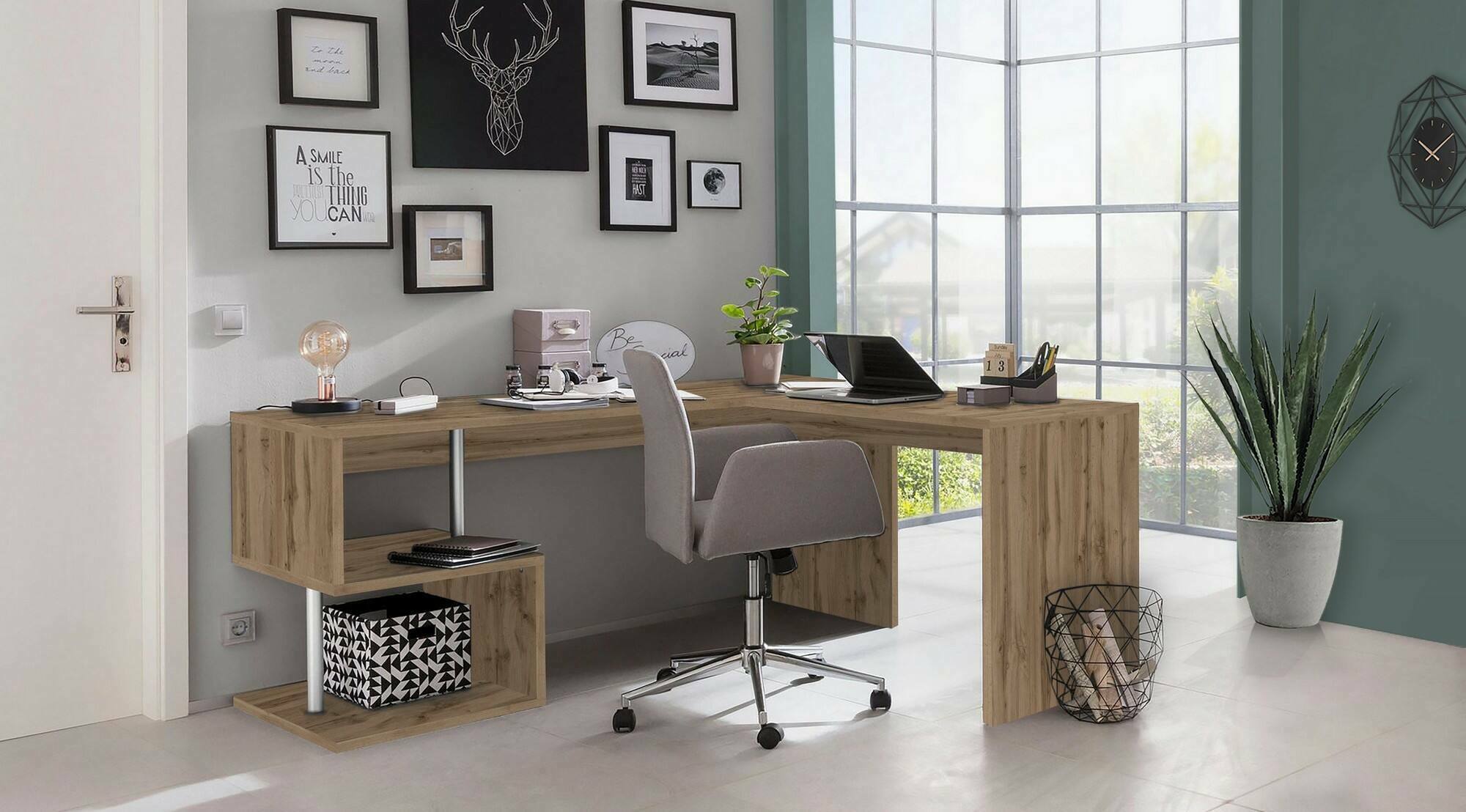 Scrivania Dmassaro, Scrittoio angolare porta PC, Tavolo multiuso per ufficio, Scrivania salvaspazio multiposizione, 100% Made in Italy, cm 160x60h78, Rovere