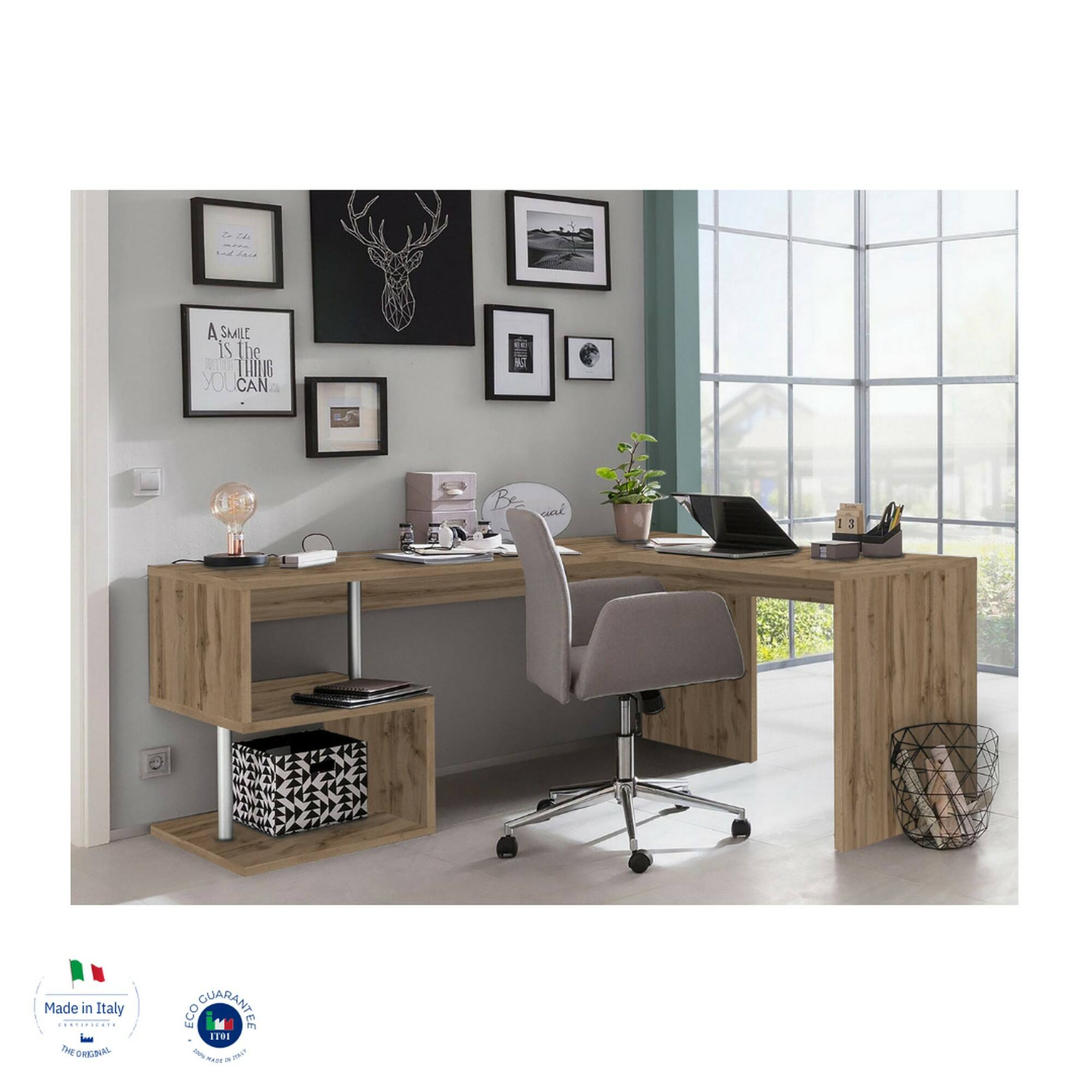 Scrivania Dmassaro, Scrittoio angolare porta PC, Tavolo multiuso per ufficio, Scrivania salvaspazio multiposizione, 100% Made in Italy, cm 160x60h78, Rovere