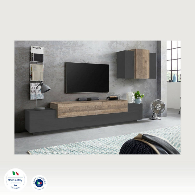 Parete attrezzata Dmar, Set salotto porta TV, Mobile soggiorno multiuso, 100% Made in Italy, cm 240x45h180, Antracite e Acero